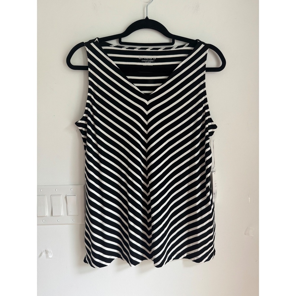 Chicos Touch of Cool Stripe Polished Tank Black White Size M NEW